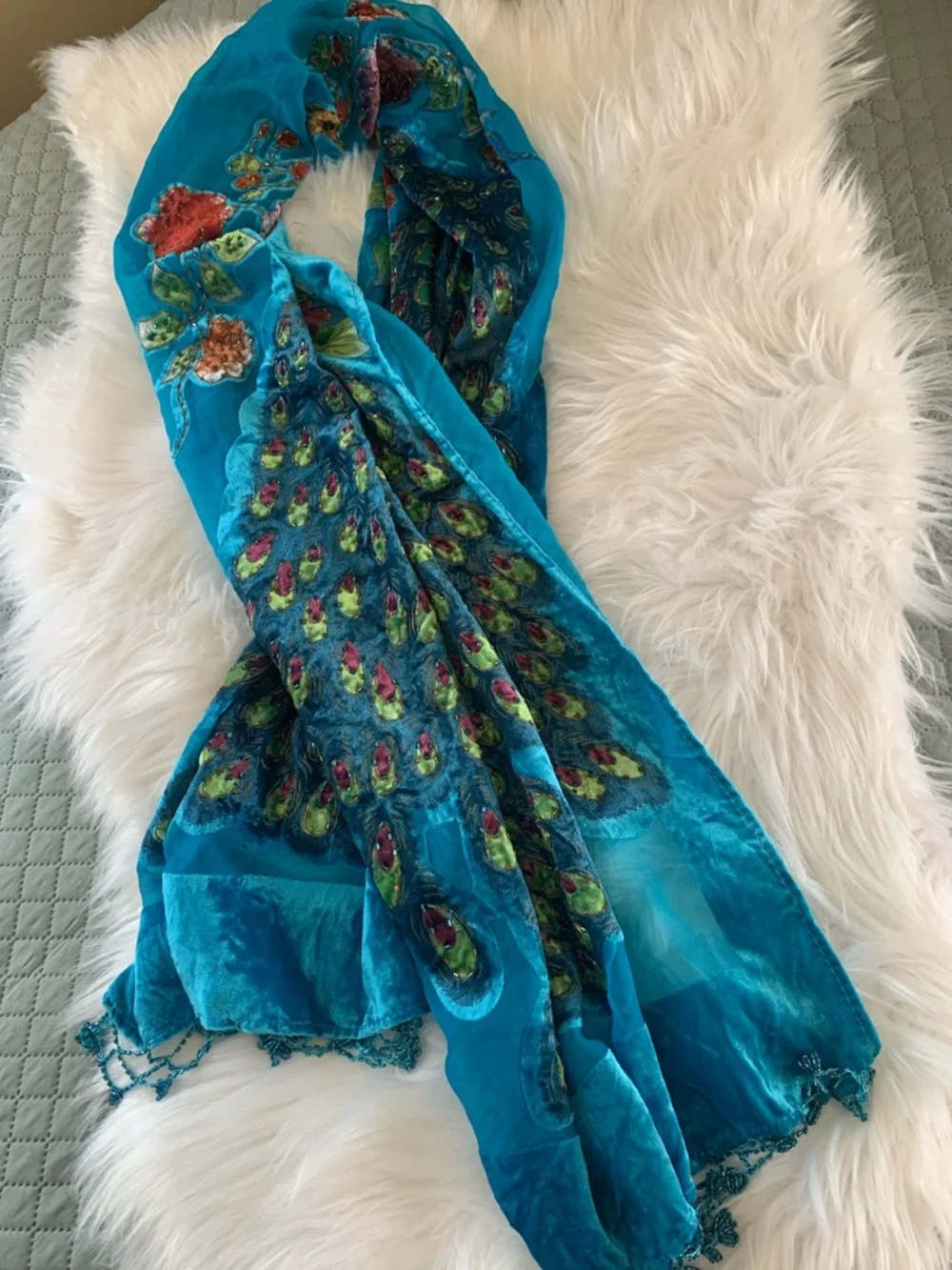Hand Beaded Peacock Shawl Scarf - Picture 4 of 4